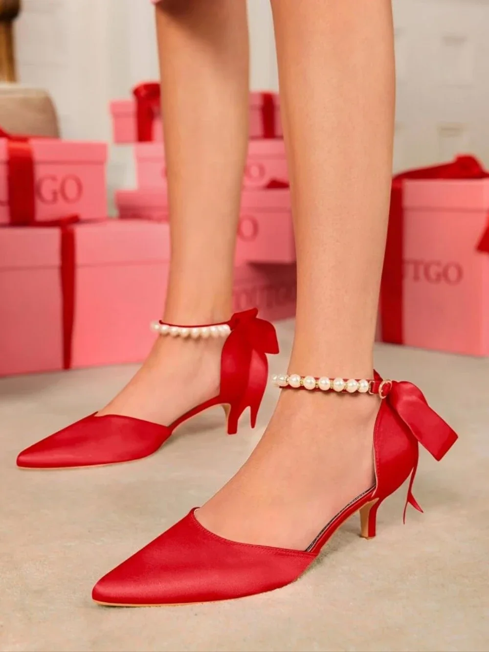 Coutgo Red Pearl Ankle Strap D'Orsay Satin Bow Low Kitten Heel Size 6 NWT